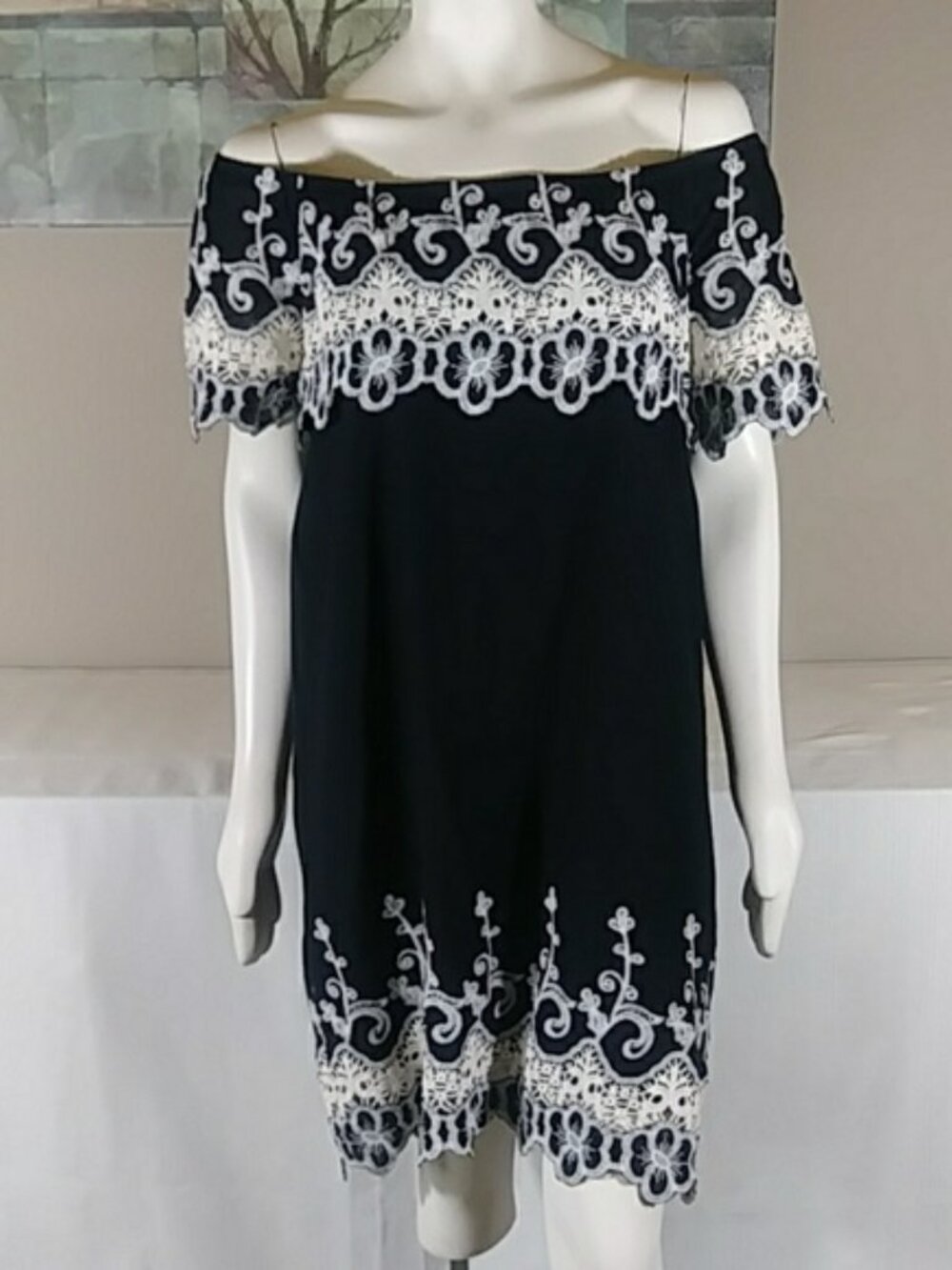 Fever Cottagecore Dress Embroidered Lace Off the Shoulder Black White Sz XL Boho